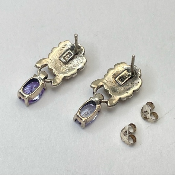 VINTAGE Sterling 925 Dangle Earrings Marcasite Stones With light Violet Stones - Picture 4 of 9